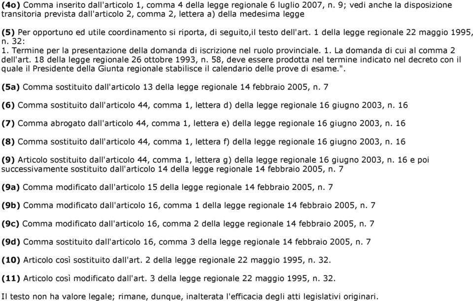 1 della legge regionale 22 maggio 1995, n. 32: 1. Termine per la presentazione della domanda di iscrizione nel ruolo provinciale. 1. La domanda di cui al comma 2 dell'art.