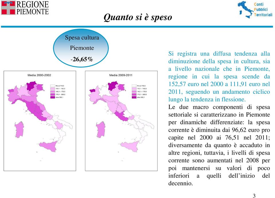 Le due macro componenti di spesa settoriale si caratterizzano in Piemonte per dinamiche differenziate: la spesa corrente è diminuita dai 96,62 euro pro capite nel 2000 ai