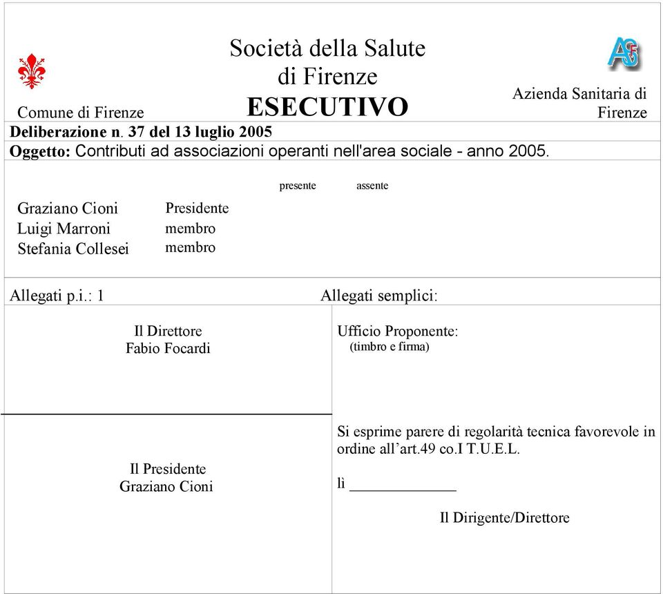 Azienda Sanitaria di Firenze Graziano Cioni Luigi Marroni Stefania Collesei Presidente membro membro presente assente Allegati p.i.: