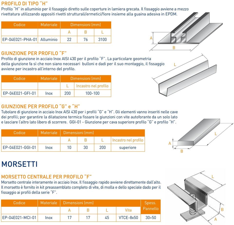 EP-04E021-PH-01 lluminio 22 76 3100 Giunzione per profilo F Profilo di giunzione in acciaio Inox ISI 430 per il profilo F.