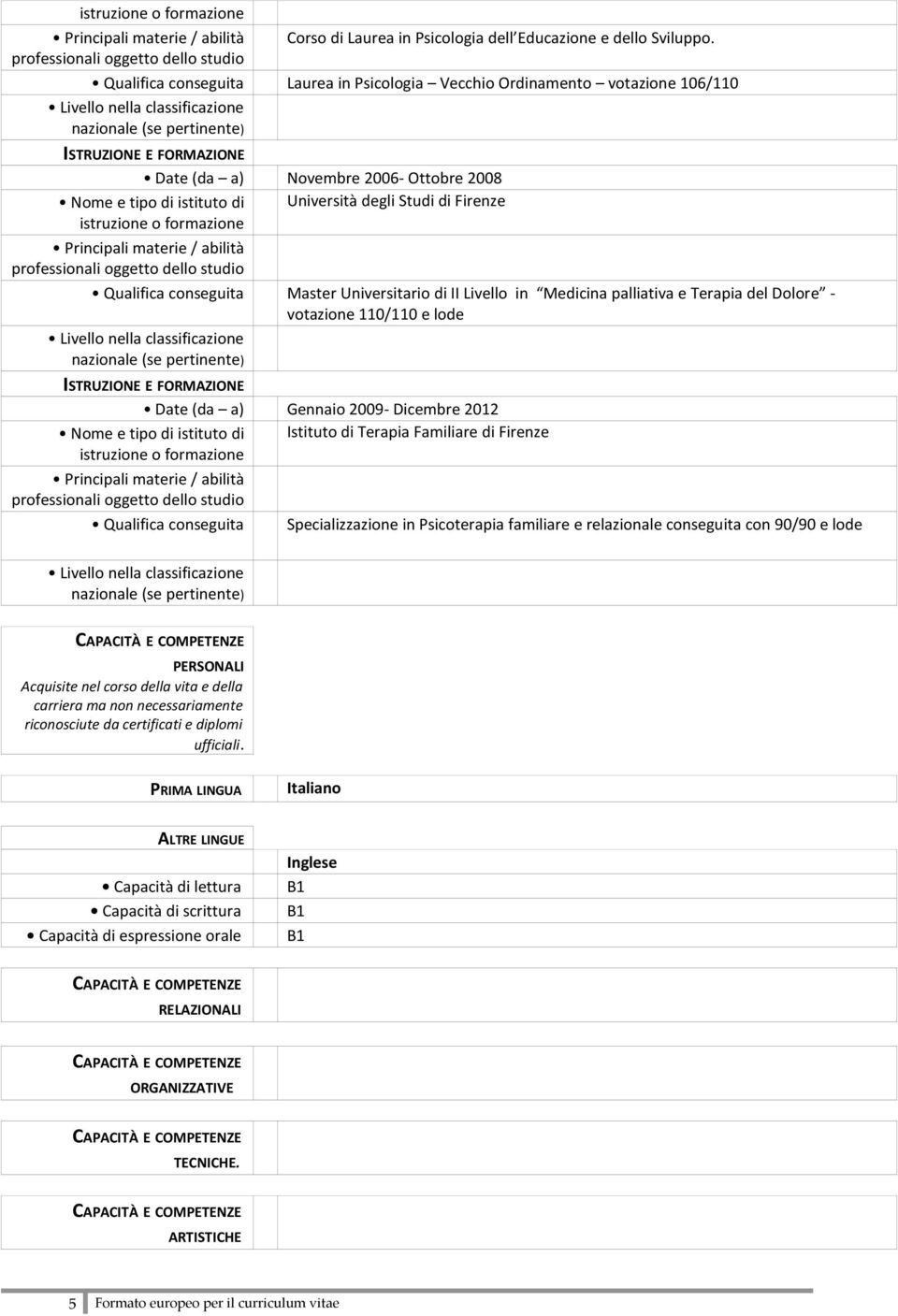 formazione Principali materie / abilità Qualifica conseguita Master Universitario di II Livello in Medicina palliativa e Terapia del Dolore - votazione 110/110 e lode Date (da a) Gennaio 2009-