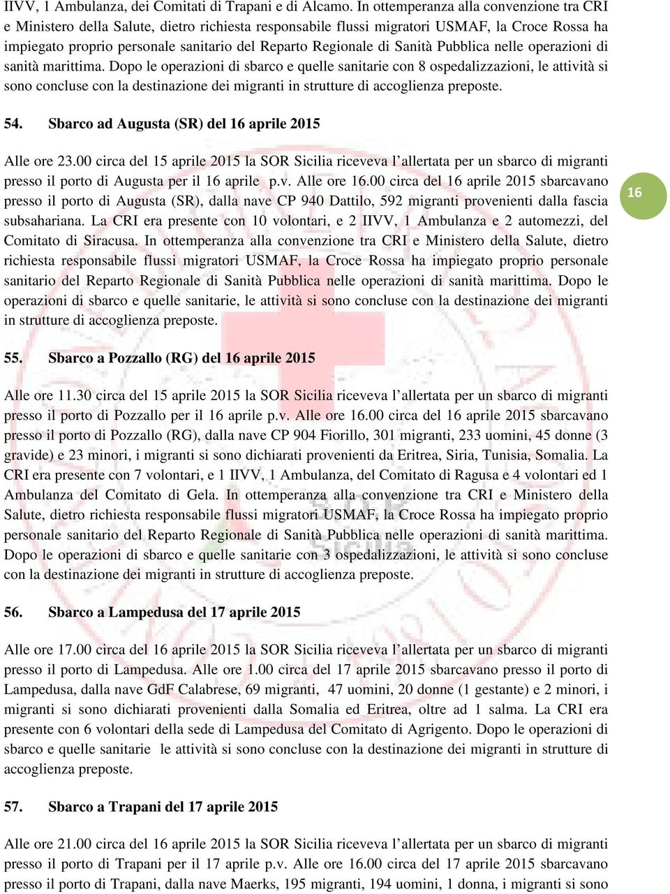 di Sanità Pubblica nelle operazioni di sanità marittima. Dopo le operazioni di sbarco e quelle sanitarie con 8 ospedalizzazioni, le attività si sono concluse con la 54.