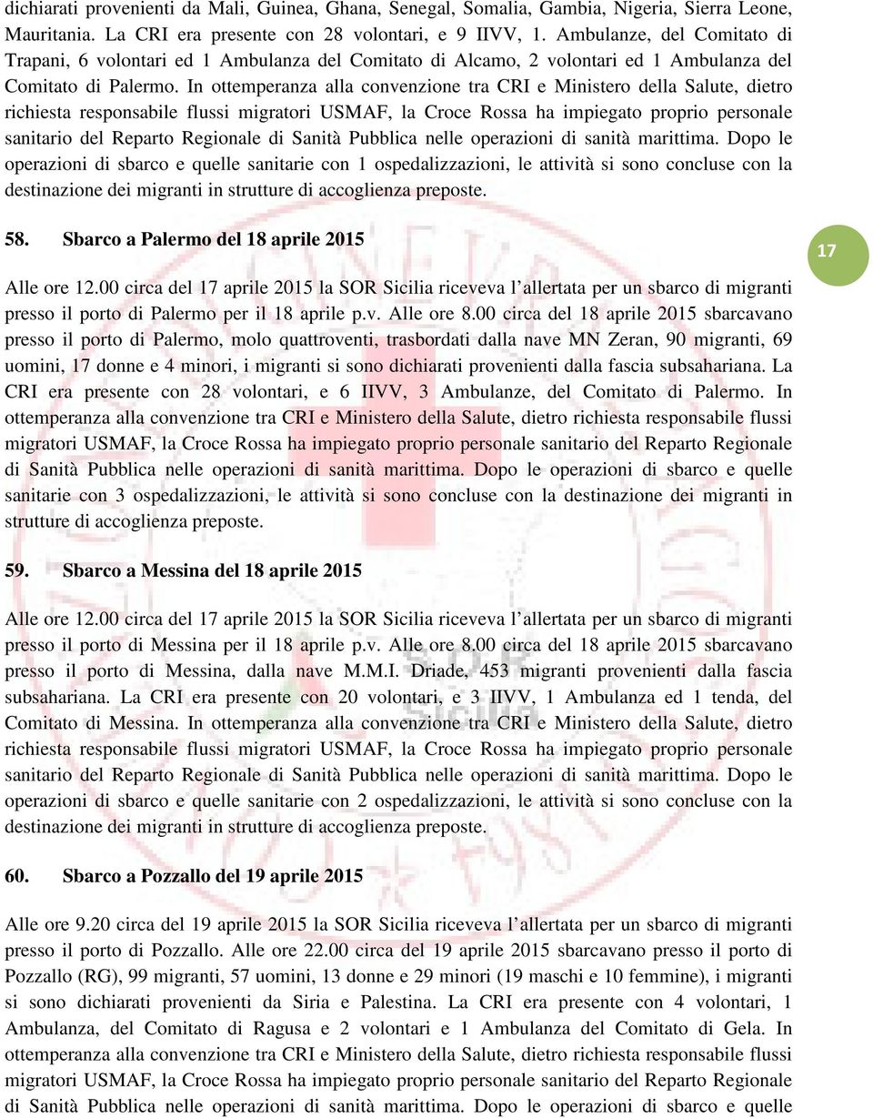 In ottemperanza alla convenzione tra CRI e Ministero della Salute, dietro richiesta responsabile flussi migratori USMAF, la Croce Rossa ha impiegato proprio personale sanitario del Reparto Regionale