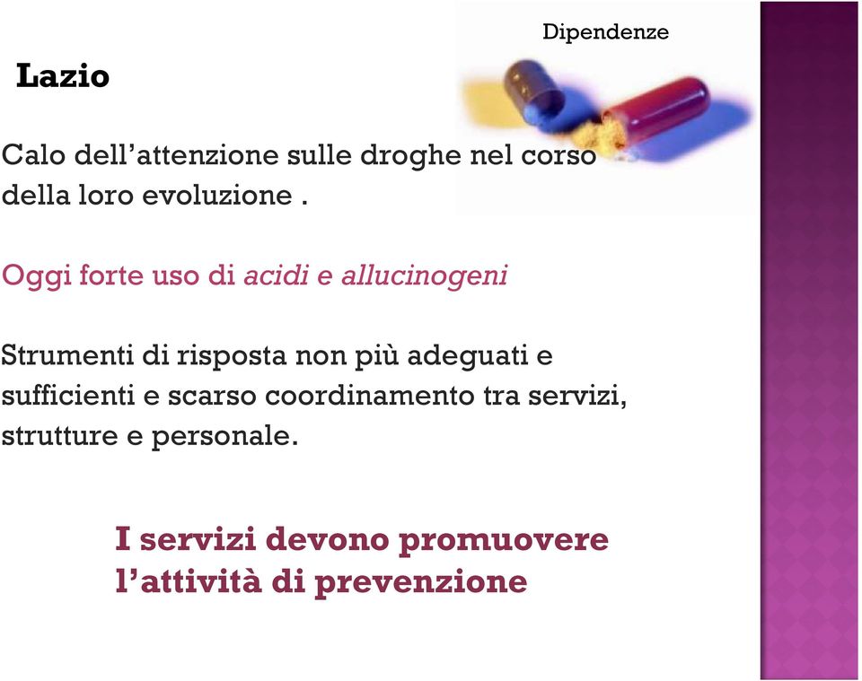 Oggi forte uso di acidi e allucinogeni Strumenti di risposta non più