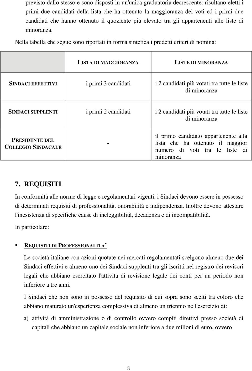 Nella tabella che segue sono riportati in forma sintetica i predetti criteri di nomina: LISTA DI MAGGIORANZA LISTE DI MINORANZA SINDACI EFFETTIVI i primi 3 candidati i 2 candidati più votati tra