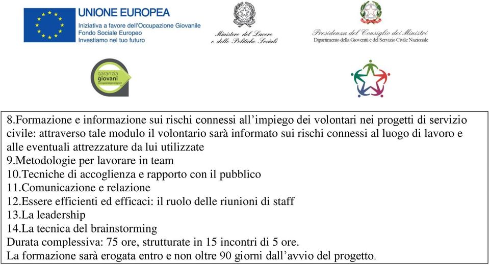 Tecniche di accoglienza e rapporto con il pubblico 11.Comunicazione e relazione 12.Essere efficienti ed efficaci: il ruolo delle riunioni di staff 13.