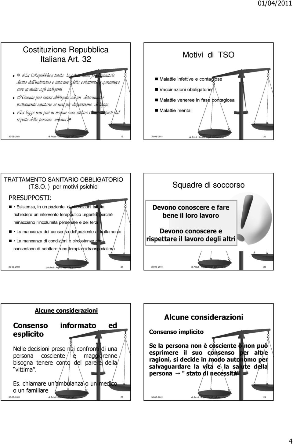 » Motivi di TSO Malattie infettive e contagiose Vaccinazioni obbligatorie Malattie veneree in fase contagiosa Malattie mentali 19 30-03- 2011 20 dr Arbuti - Aspetti legali del soccorso TRATTAMENTO