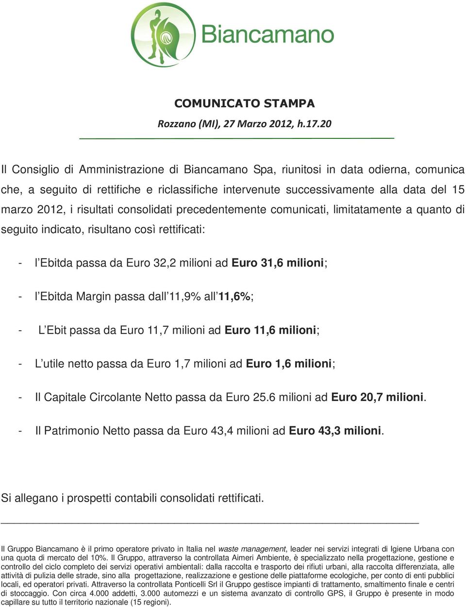 risultati consolidati precedentemente comunicati, limitatamente a quanto di seguito indicato, risultano così rettificati: - l Ebitda passa da Euro 32,2 milioni ad Euro 31,6 milioni; - l Ebitda Margin