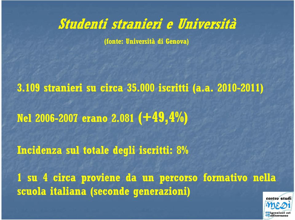 081 (+49,4%) Incidenza sul totale degli iscritti: 8% 1 su 4 circa