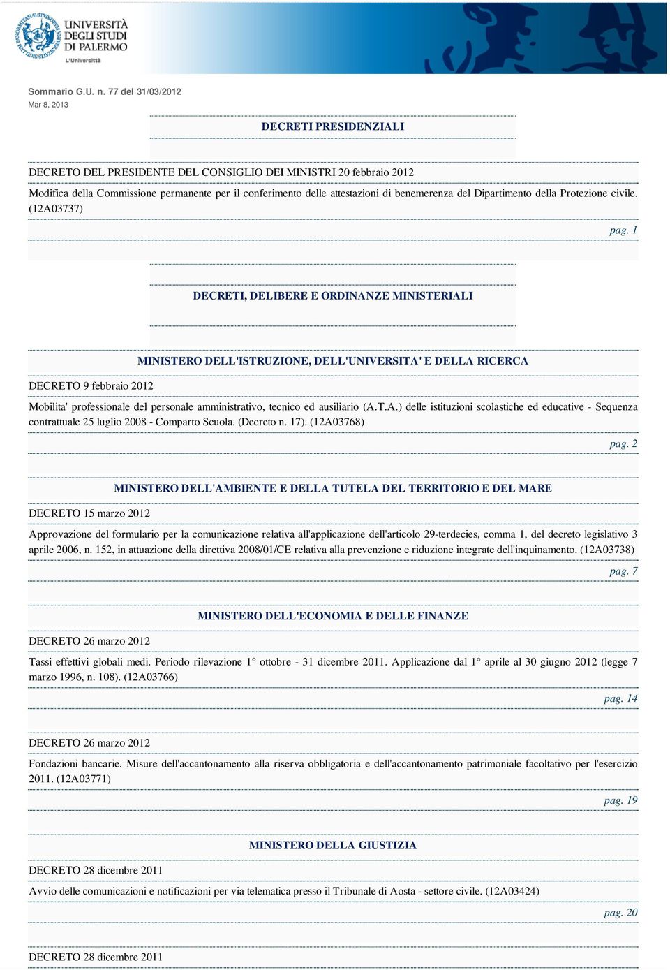 benemerenza del Dipartimento della Protezione civile. (12A03737) pag.