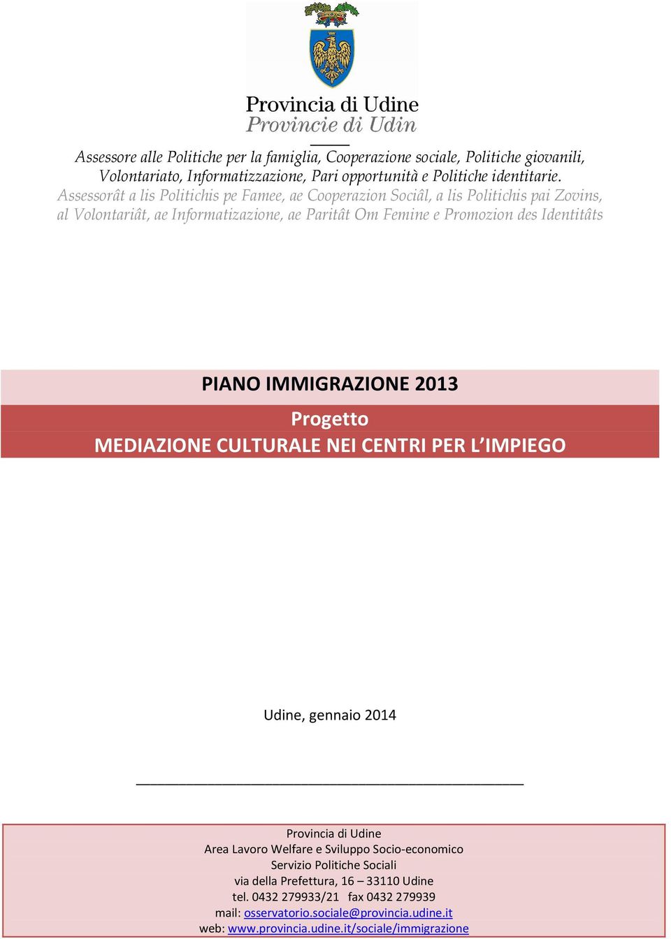 Identitâts PIANO IMMIGRAZIONE 2013 Progetto MEDIAZIONE CULTURALE NEI CENTRI PER L IMPIEGO Udine, gennaio 2014 Provincia di Udine Area Lavoro Welfare e Sviluppo