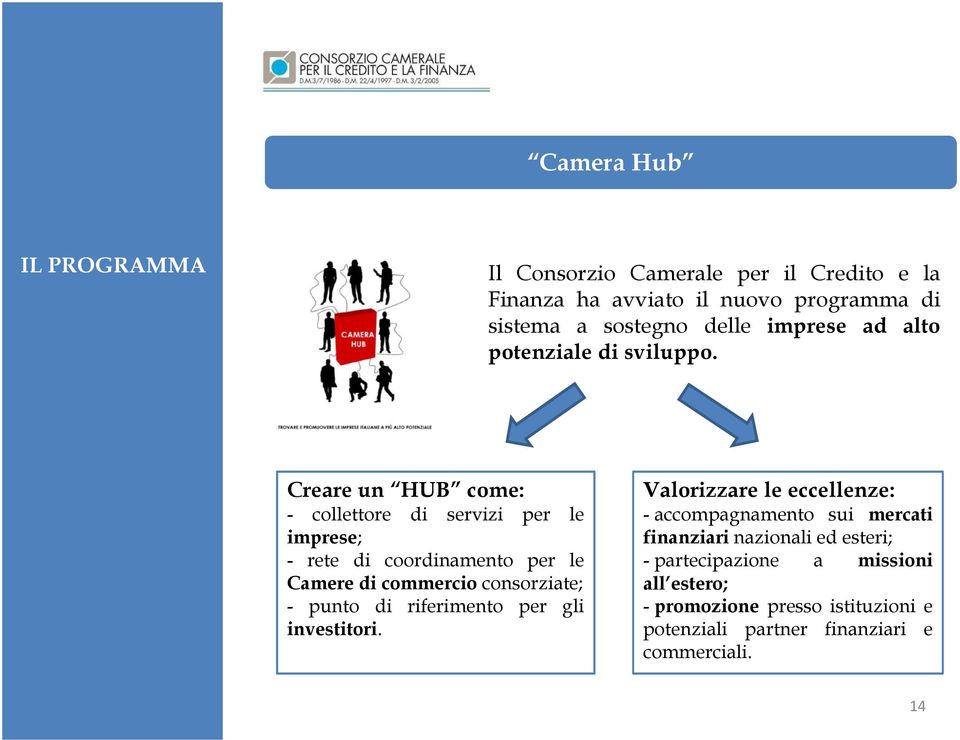 Creare un HUB come: - collettore di servizi per le imprese; - rete di coordinamento per le Camere di commercio consorziate; - punto di