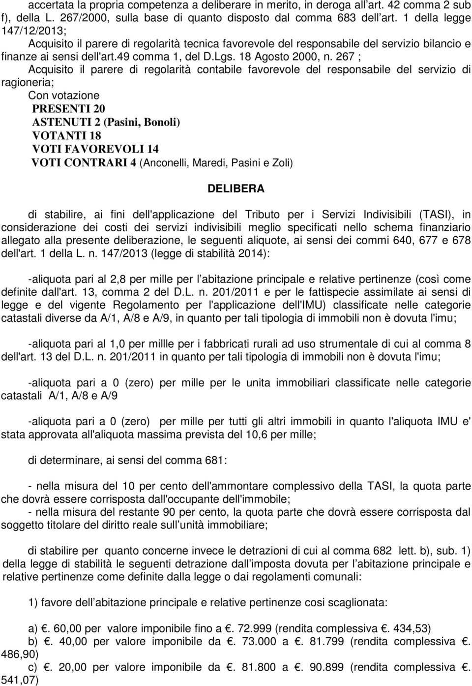 267 ; Acquisito il parere di regolarità contabile favorevole del responsabile del servizio di ragioneria; Con votazione PRESENTI 20 ASTENUTI 2 (Pasini, Bonoli) VOTANTI 18 VOTI FAVOREVOLI 14 VOTI