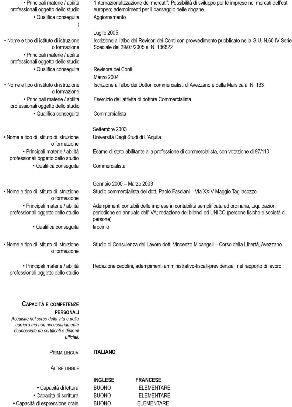 136822 Revisore dei Conti Marzo 2004 Iscrizione all albo dei Dottori commercialisti di Avezzano e della Marsica al N.