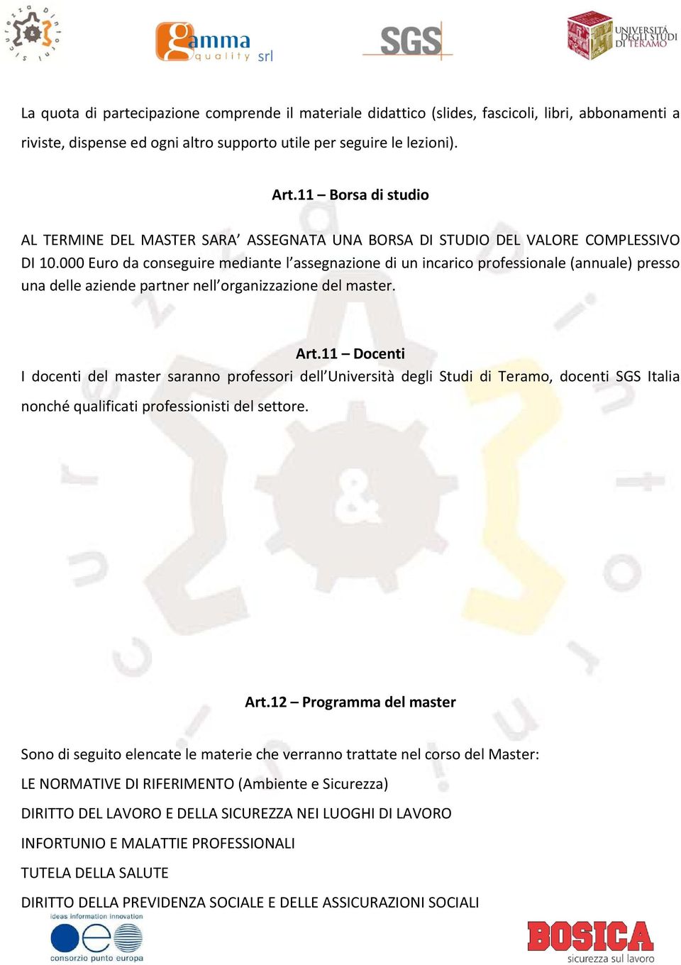 000 Euro da conseguire mediante l assegnazione di un incarico professionale (annuale) presso una delle aziende partner nell organizzazione del master. Art.