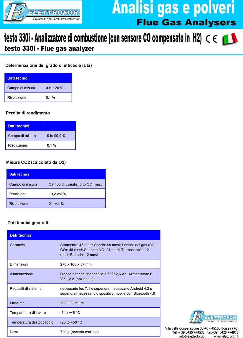 % generali Garanzia Dimensioni Strumento: 48 mesi; Sonda: 48 mesi; Sensori del gas (O2, CO): 48 mesi; Sensore NO: 24 mesi; Termocoppia: 12 mesi; Batteria: 12 mesi 270 x 160 x 57