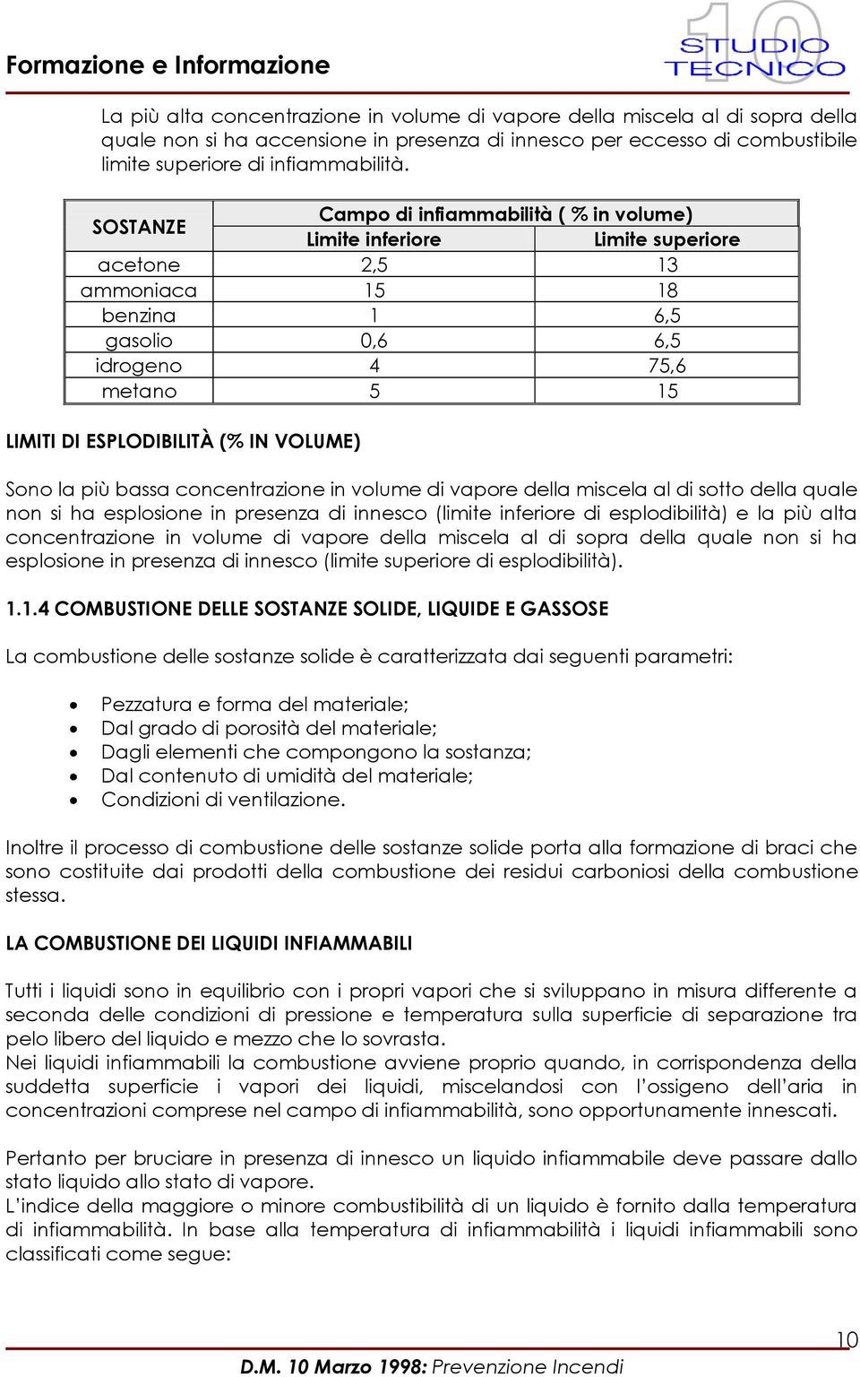 IN VOLUME) Sono la più bassa concentrazione in volume di vapore della miscela al di sotto della quale non si ha esplosione in presenza di innesco (limite inferiore di esplodibilità) e la più alta