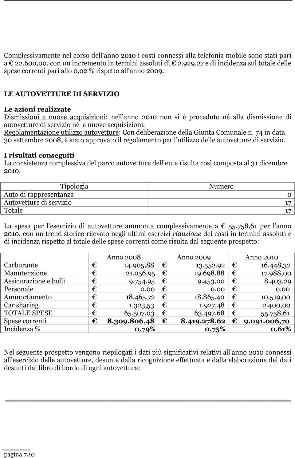 LE AUTOVETTURE DI SERVIZIO Le azioni realizzate Dismissioni e nuove acquisizioni: nell anno 2010 non si è proceduto né alla dismissione di autovetture di servizio né a nuove acquisizioni.