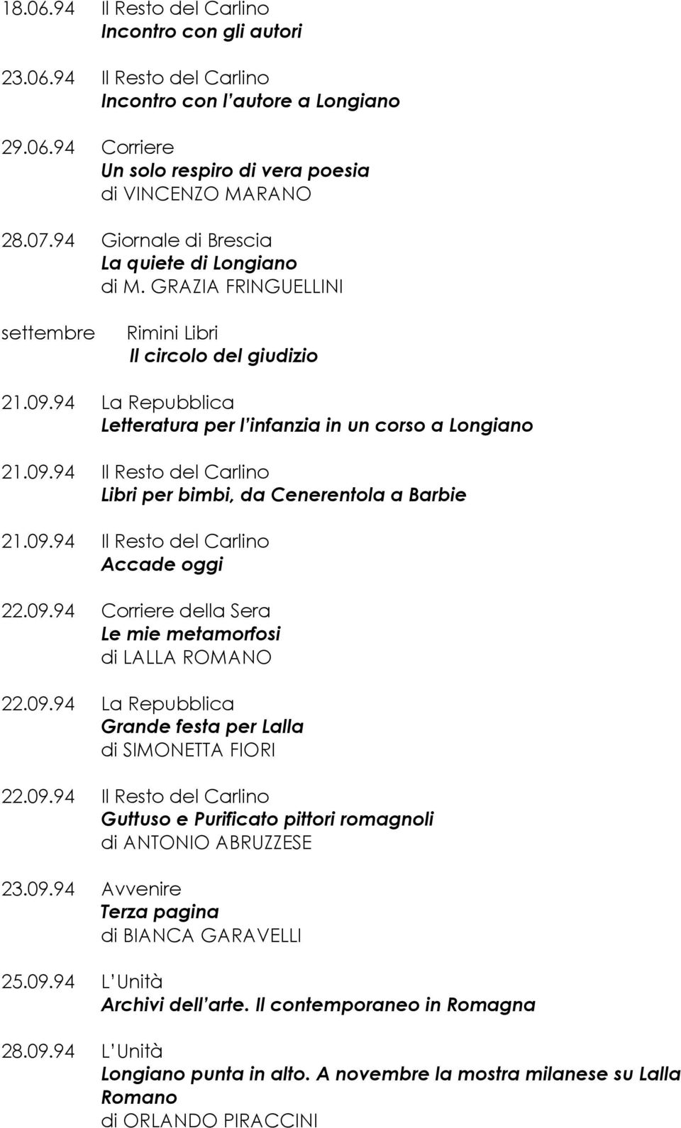 09.94 Il Resto del Carlino Accade oggi 22.09.94 Corriere della Sera Le mie metamorfosi di LALLA ROMANO 22.09.94 La Repubblica Grande festa per Lalla di SIMONETTA FIORI 22.09.94 Il Resto del Carlino Guttuso e Purificato pittori romagnoli di ANTONIO ABRUZZESE 23.