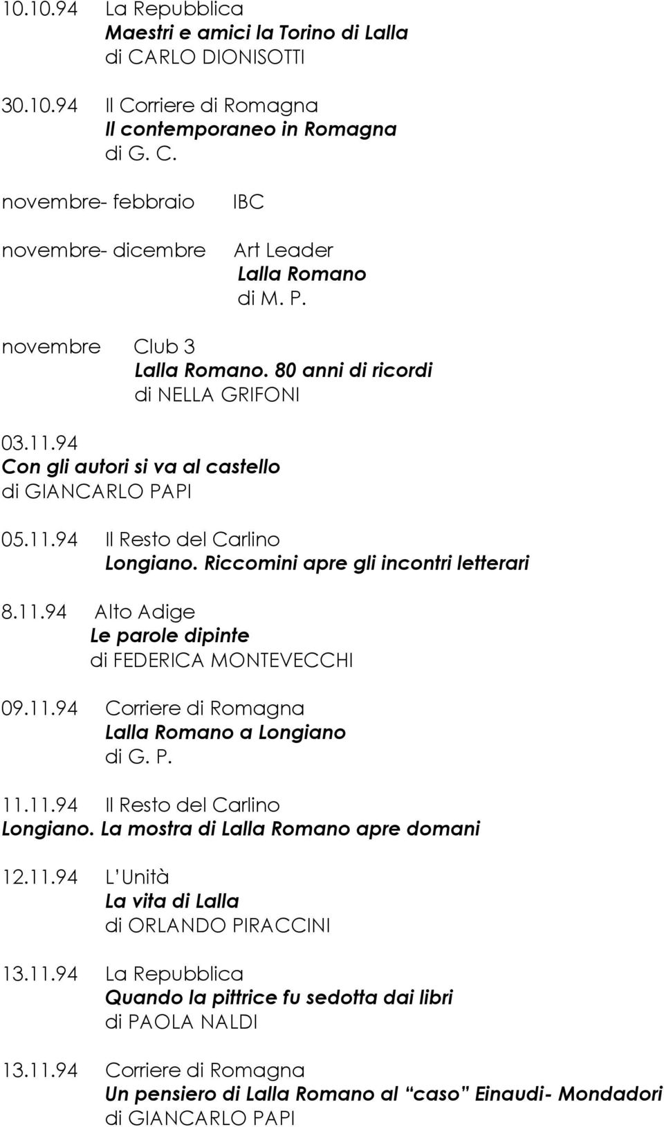 11.94 Corriere di Romagna Lalla Romano a Longiano 11.11.94 Il Resto del Carlino Longiano. La mostra di Lalla Romano apre domani 12.11.94 L Unità La vita di Lalla 13.11.94 La Repubblica Quando la pittrice fu sedotta dai libri di PAOLA NALDI 13.