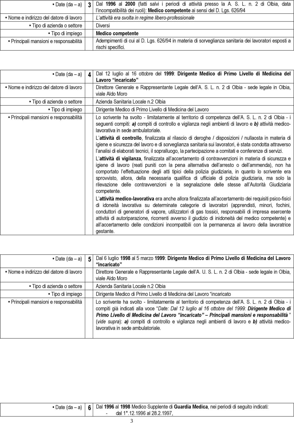 626/94 L attività era svolta in regime libero-professionale Diversi Medico competente Adempimenti di cui al D. Lgs.