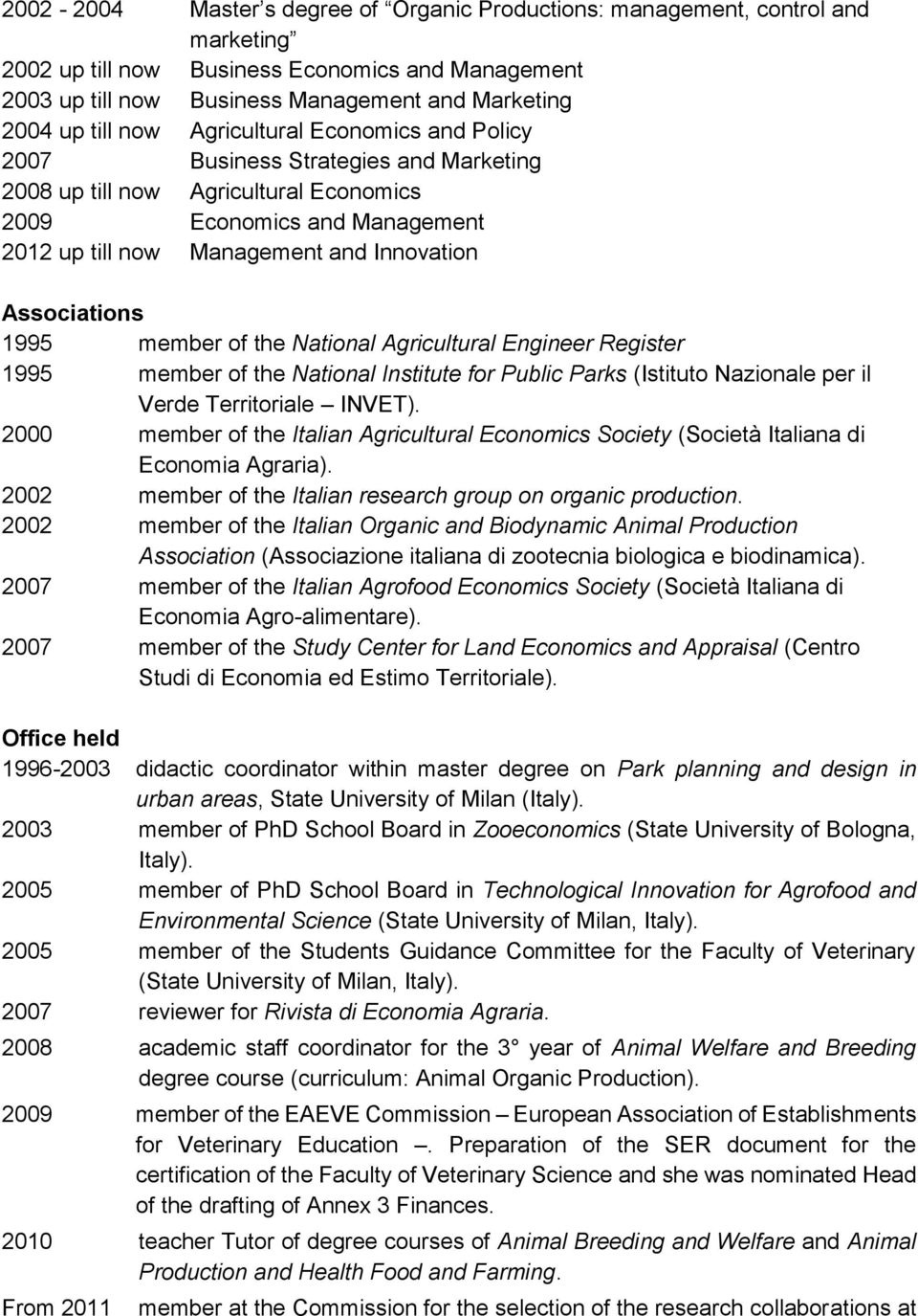 Associations 1995 member of the National Agricultural Engineer Register 1995 member of the National Institute for Public Parks (Istituto Nazionale per il Verde Territoriale INVET).