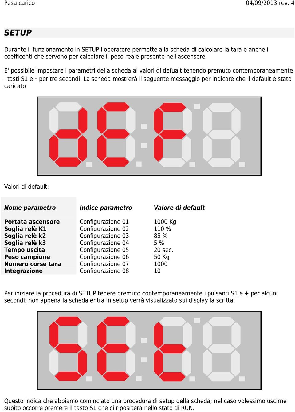 La scheda mostrerà il seguente messaggio per indicare che il default è stato caricato Valori di default: Nome parametro Indice parametro Valore di default Portata ascensore Configurazione 01 1000 Kg