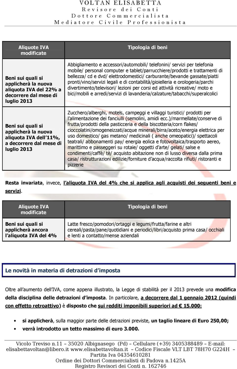 dvd/ elettrodomestici/ carburante/bevande gassate/piatti pronti/vino/servizi legali e di contabilità/gioielleria e orologeria/parchi divertimento/televisori/ lezioni per corsi ed attività ricreative/