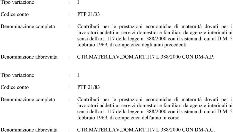 Codice conto : PTP 21/83 Denominazione completa : Contributi per le prestazioni economiche di maternità dovuti per i lavoratori addetti ai servizi domestici e familiari da agenzie interinali ai