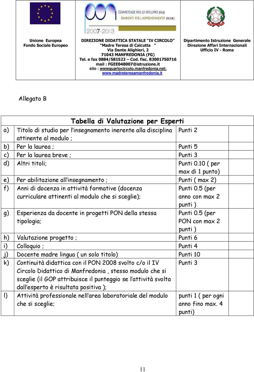 it Dipartimento Istruzione Generale Direzione Affari Internazionali Ufficio IV - Roma Allegato B Tabella di Valutazione per Esperti a) Titolo di studio per l insegnamento inerente alla disciplina