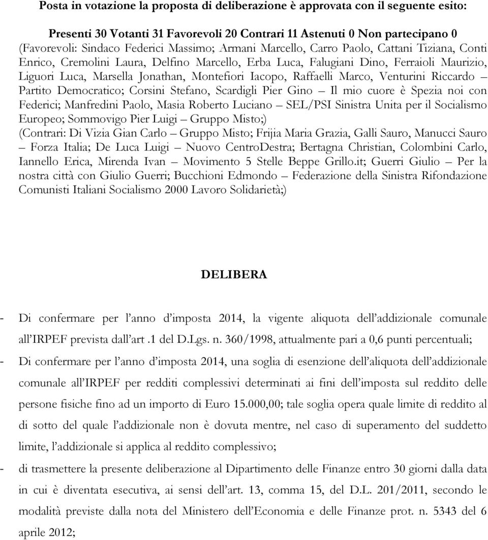 Raffaelli Marco, Venturini Riccardo Partito Democratico; Corsini Stefano, Scardigli Pier Gino Il mio cuore è Spezia noi con Federici; Manfredini Paolo, Masia Roberto Luciano SEL/PSI Sinistra Unita