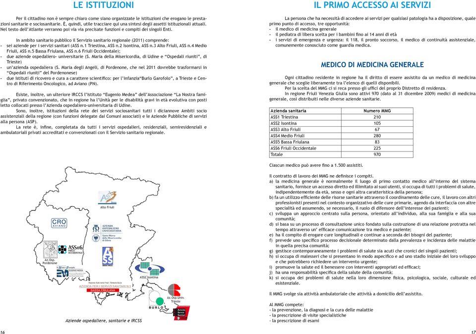 In ambito sanitario pubblico il Servizio sanitario regionale (2011) comprende: - sei aziende per i servizi sanitari (ASS n.1 Triestina, ASS n.2 Isontina, ASS n.3 Alto Friuli, ASS n.