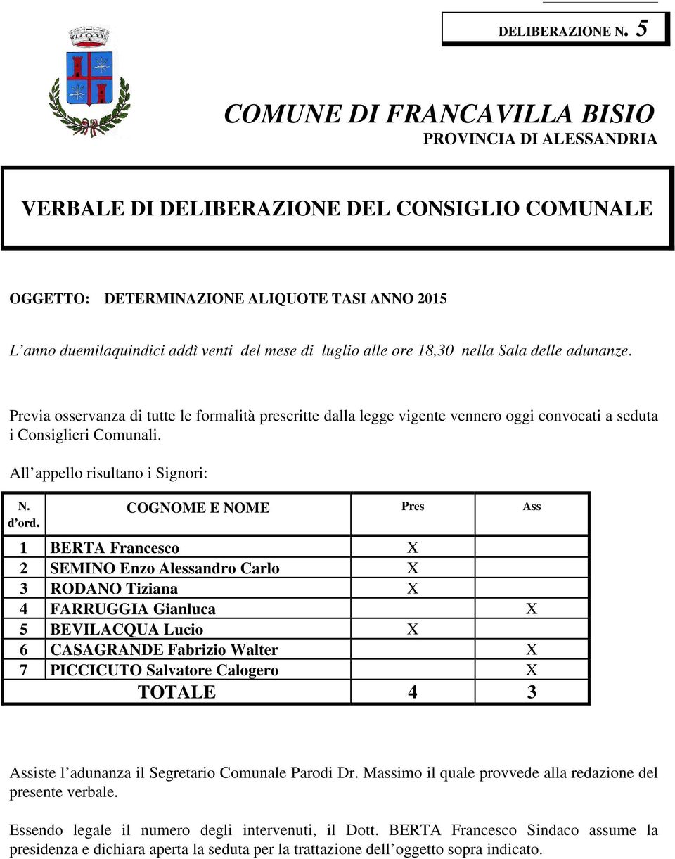 luglio alle ore 18,30 nella Sala delle adunanze. Previa osservanza di tutte le formalità prescritte dalla legge vigente vennero oggi convocati a seduta i Consiglieri Comunali.