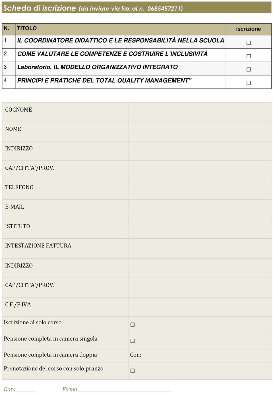 Laboratorio. IL MODELLO ORGANIZZATIVO INTEGRATO 4 PRINCIPI E PRATICHE DEL TOTAL QUALITY MANAGEMENT COGNOME NOME INDIRIZZO CAP/CITTA /PROV.