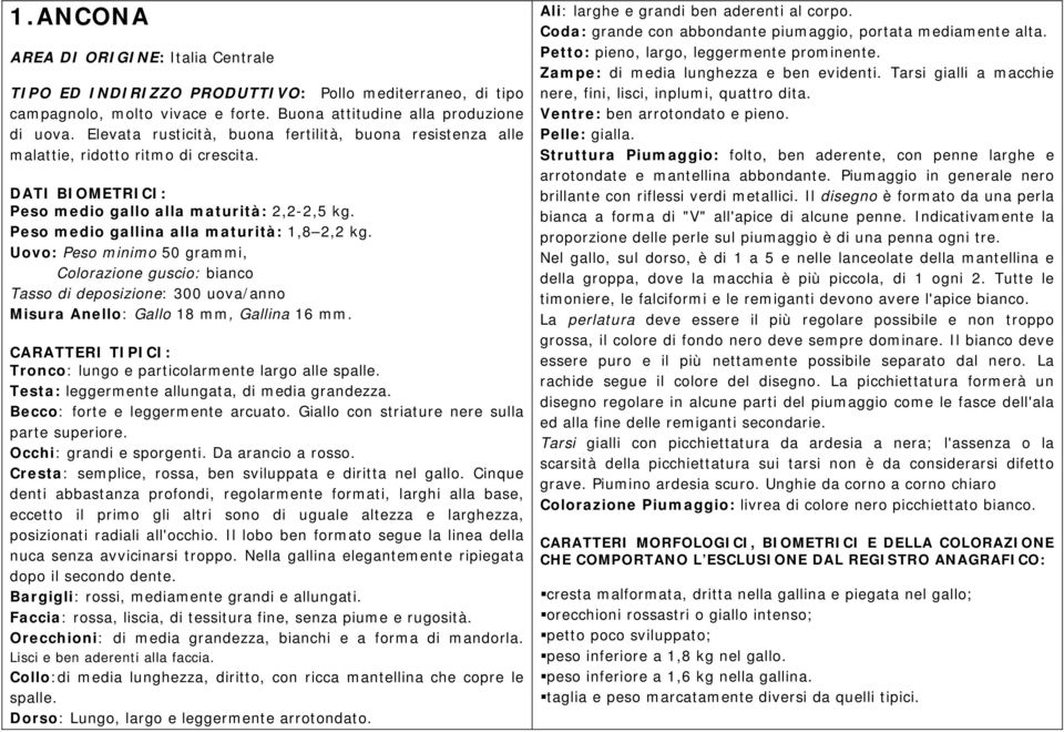 Uovo: Peso minimo 50 grammi, Colorazione guscio: bianco Tasso di deposizione: 300 uova/anno Tronco: lungo e particolarmente largo alle spalle. Testa: leggermente allungata, di media grandezza.