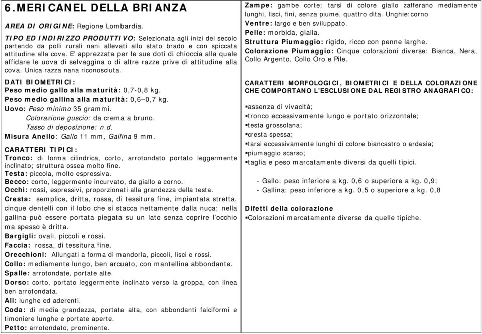 E apprezzata per le sue doti di chioccia alla quale affidare le uova di selvaggina o di altre razze prive di attitudine alla cova. Unica razza nana riconosciuta.