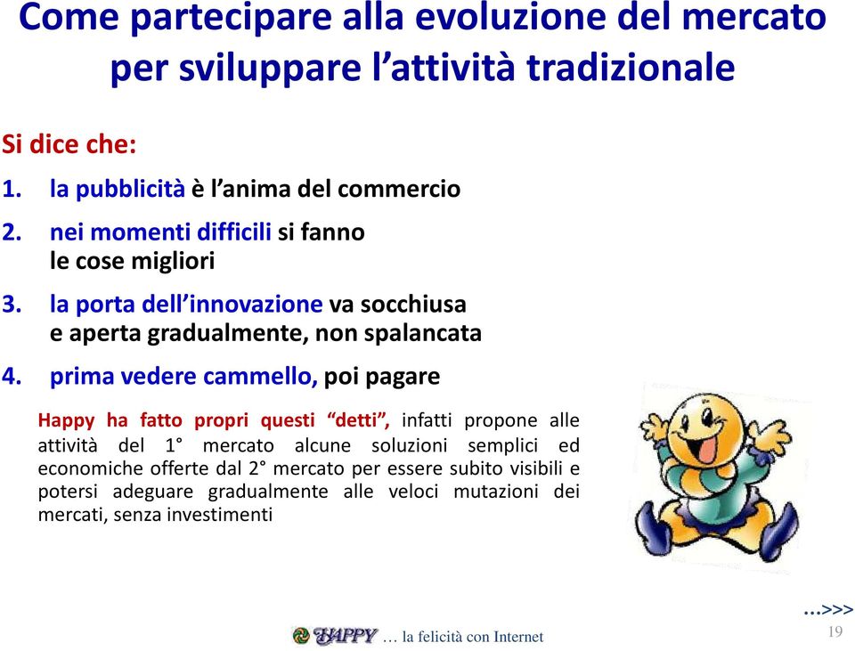 prima vedere cammello, poi pagare Happy ha fatto propri questi detti, infatti propone alle attività del 1 mercato alcune soluzioni semplici