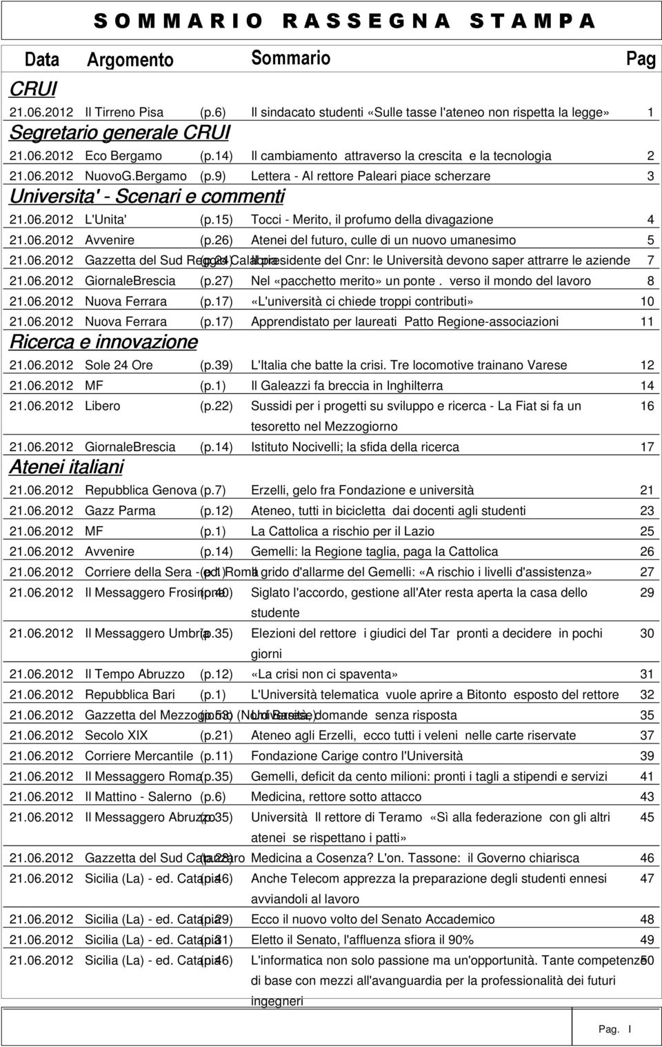 15) Tocci - Merito, il profumo della divagazione 4 21.06.2012 Avvenire (p.26) Atenei del futuro, culle di un nuovo umanesimo 5 21.06.2012 Gazzetta del Sud Reggio (p.