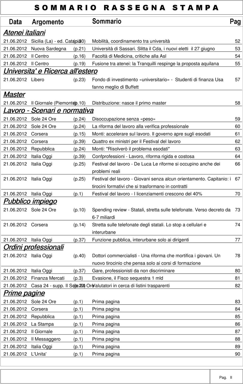 06.2012 Libero (p.23) Fondo di investimento «universitario» - Studenti di finanza Usa 57 Master fanno meglio di Buffett 21.06.2012 Il Giornale (Piemonte) (p.