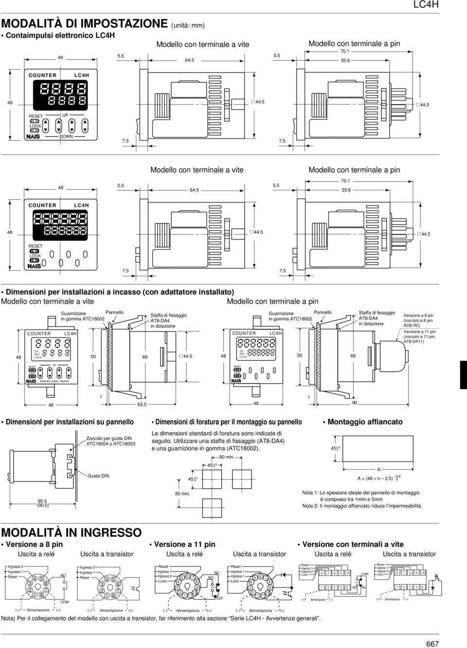 (44... Dimensioni per installazioni a incasso (con adattatore installato) Modello con terminale a vite Modello con terminale a pin C4 ; Guarnizione Pannello in gomma ATC Staffa di fissaggio AT-DA4 in