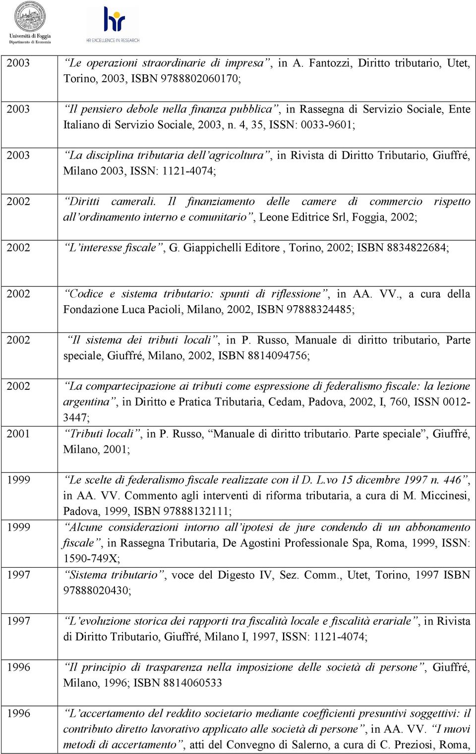 4, 35, ISSN: 0033-9601; 2003 La disciplina tributaria dell agricoltura, in Rivista di Diritto Tributario, Giuffré, Milano 2003, ISSN: 1121-4074; 2002 Diritti camerali.