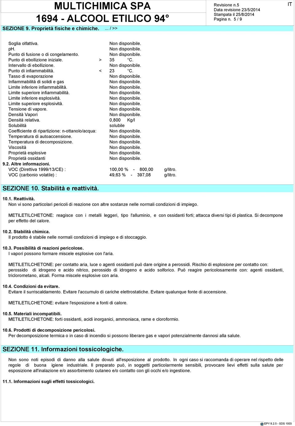 Limite superiore esplosività. Tensione di vapore. Densità Vapori Densità relativa. 0,800 Kg/l Solubilità solubile Coefficiente di ripartizione: n-ottanolo/acqua: Temperatura di autoaccensione.