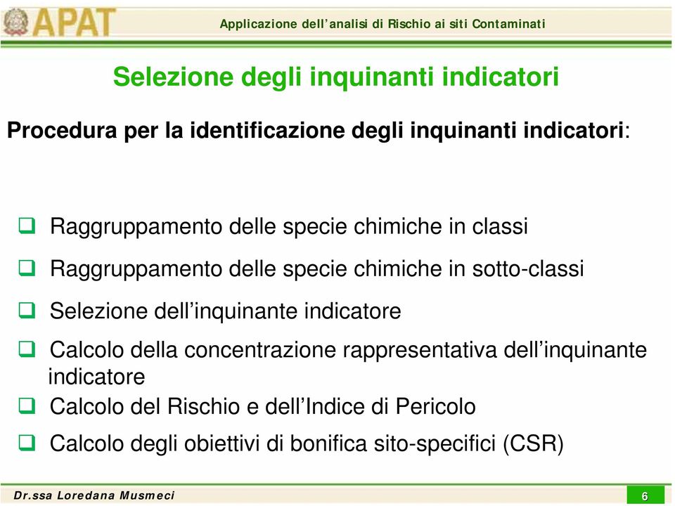 Selezione dell inquinante indicatore Calcolo della concentrazione rappresentativa dell inquinante