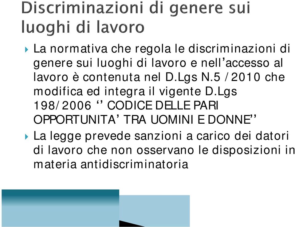 Lgs 198/ 2006 CODICE DELLE PARI OPPORTUNITA TRA UOMINI E DONNE La legge prevede sanzioni