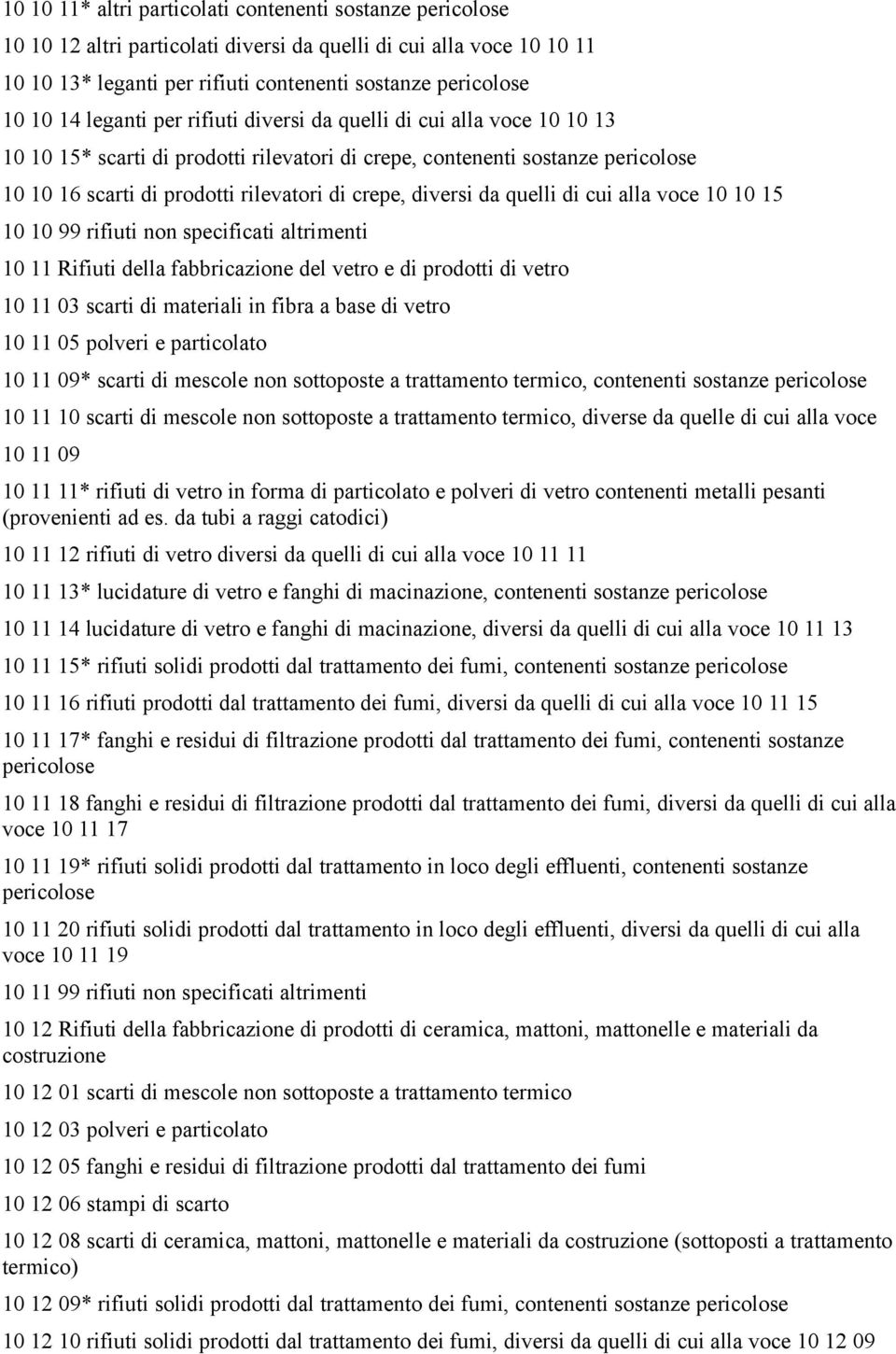 diversi da quelli di cui alla voce 10 10 15 10 10 99 rifiuti non specificati altrimenti 10 11 Rifiuti della fabbricazione del vetro e di prodotti di vetro 10 11 03 scarti di materiali in fibra a base