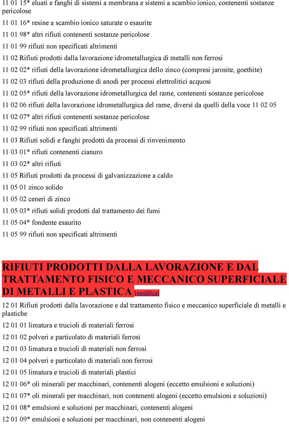 dello zinco (compresi jarosite, goethite) 11 02 03 rifiuti della produzione di anodi per processi elettrolitici acquosi 11 02 05* rifiuti della lavorazione idrometallurgica del rame, contenenti