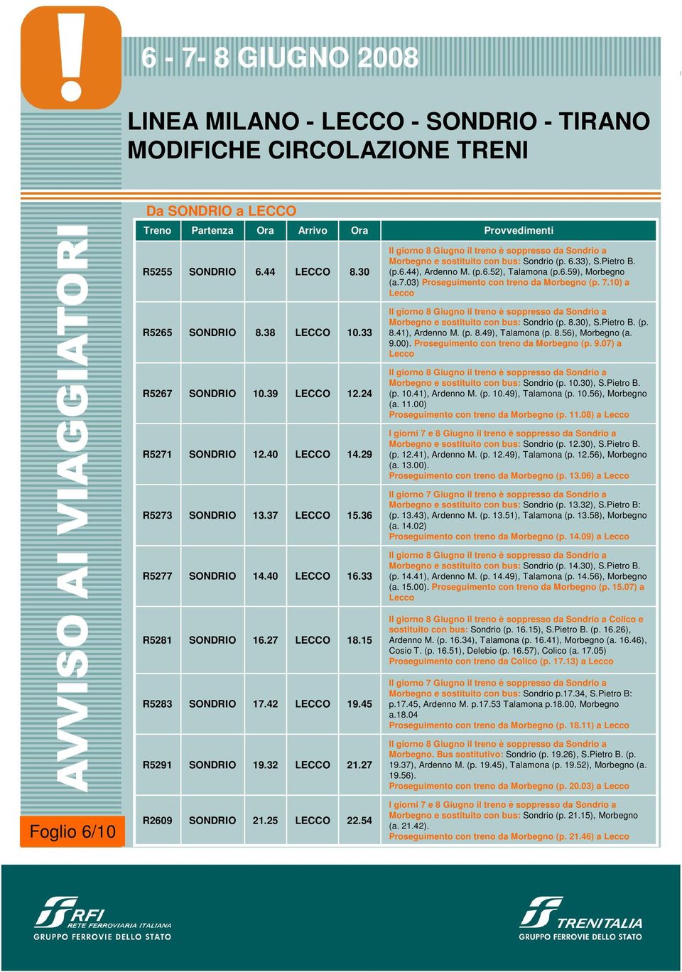 9.00). 9.07) a Lecco R5267 10.39 12.24 Il giorno 8 Giugno il treno è soppresso da Sondrio a Morbegno e sostituito con bus: Sondrio (p. 10.30), S.Pietro B. (p. 10.41), Ardenno M. (p. 10.49), Talamona (p.