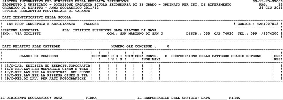 : SAN MARZANO DI SAN G DISTR.: 055 CAP 74020 TEL.: 099 /9574200!! N! S!NOR!MAXRES!! 43/C-LAB. EDILIZIA ED ESERCIT.TOPOGRAFIA!! 46/C-REP.LAV.