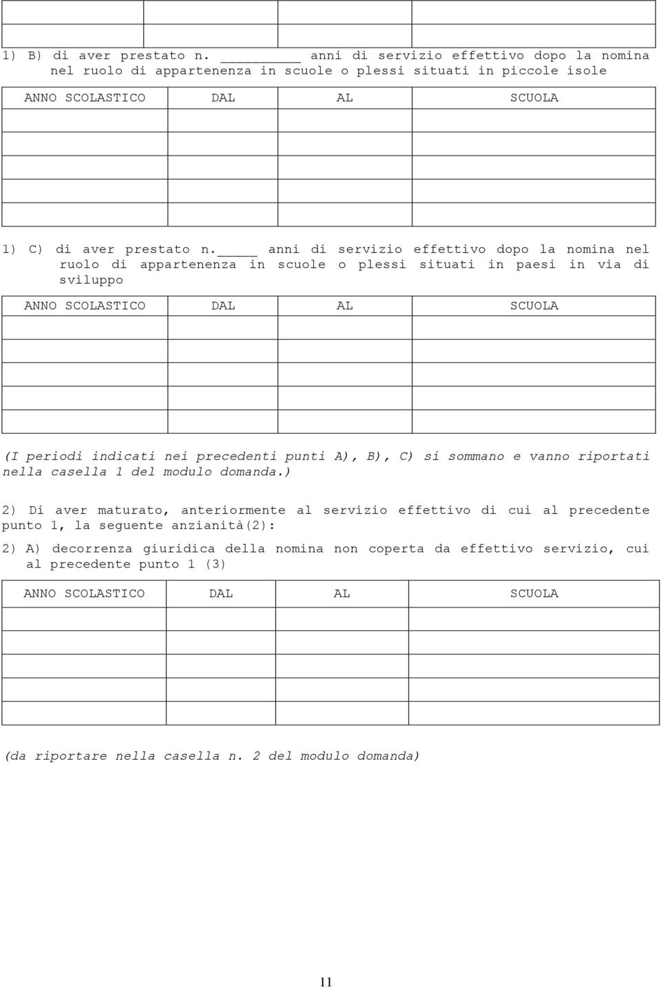 anni di servizio effettivo dopo la nomina nel ruolo di appartenenza in scuole o plessi situati in paesi in via di sviluppo ANNO SCOLASTICO DAL AL SCUOLA (I periodi indicati nei precedenti