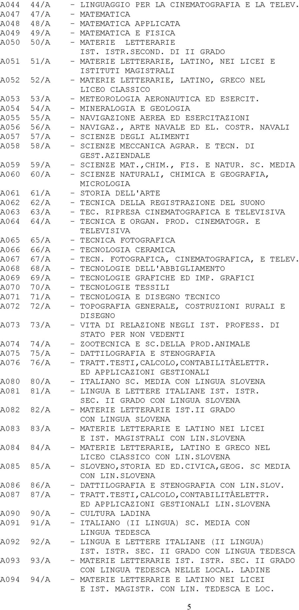 A091 91/A A092 92/A A093 93/A A094 94/A - LINGUAGGIO PER LA CINEMATOGRAFIA E LA TELEV. - MATEMATICA - MATEMATICA APPLICATA - MATEMATICA E FISICA - MATERIE LETTERARIE IST. ISTR.SECOND.